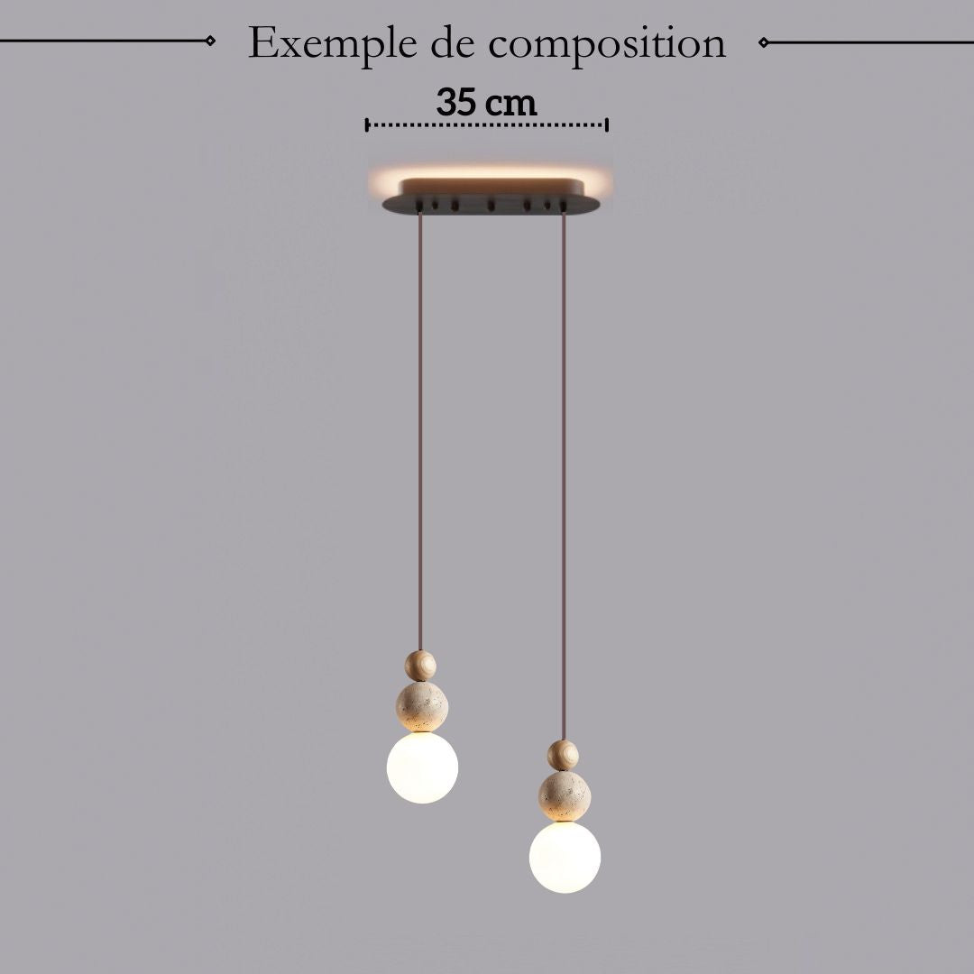 Suspension chic en verre opalin pierre naturelle et bois | PERLINE