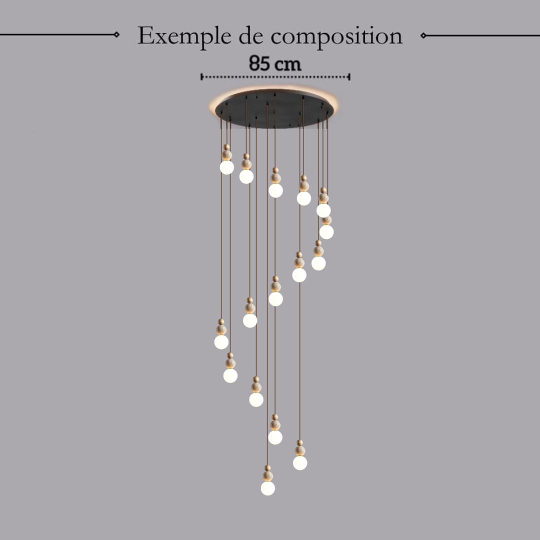 Suspension chic en verre opalin pierre naturelle et bois | PERLINE