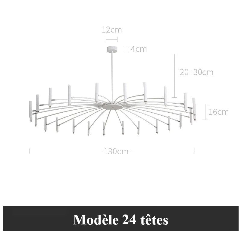 Lustre circulaire architectural en tubes à LED | Luminaire au design moderne Diamètre 130 cm 24 tubes / Blanc / Blanc
