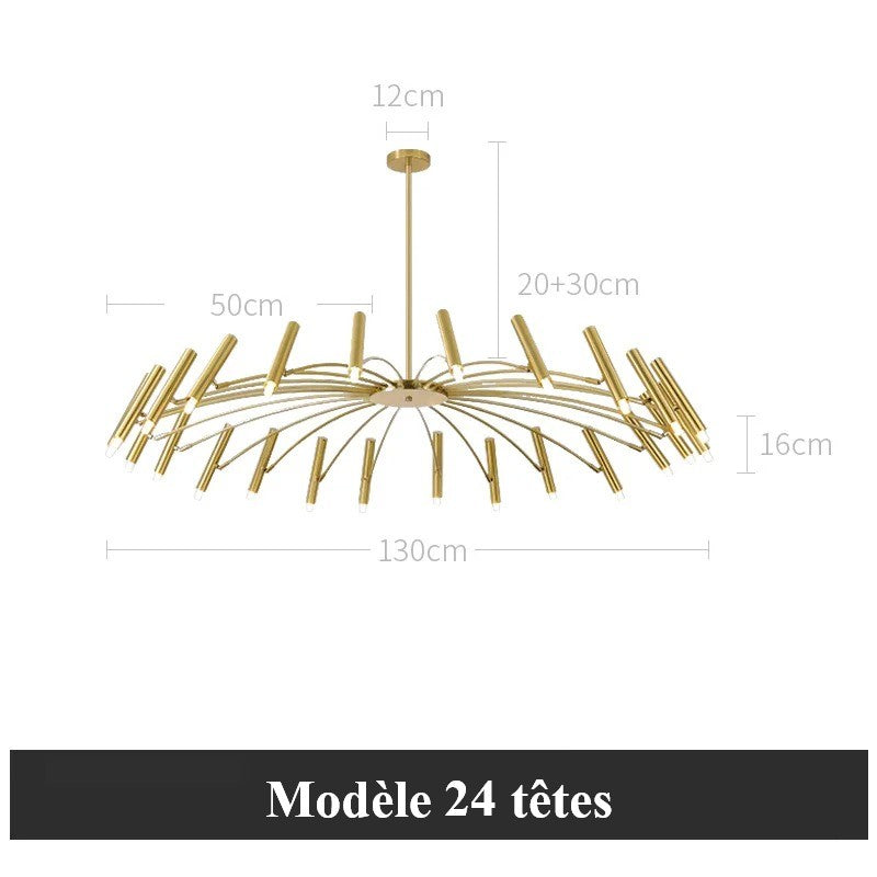 Lustre circulaire architectural en tubes à LED | Luminaire au design moderne Diamètre 130 cm 24 tubes / Or / Blanc chaud