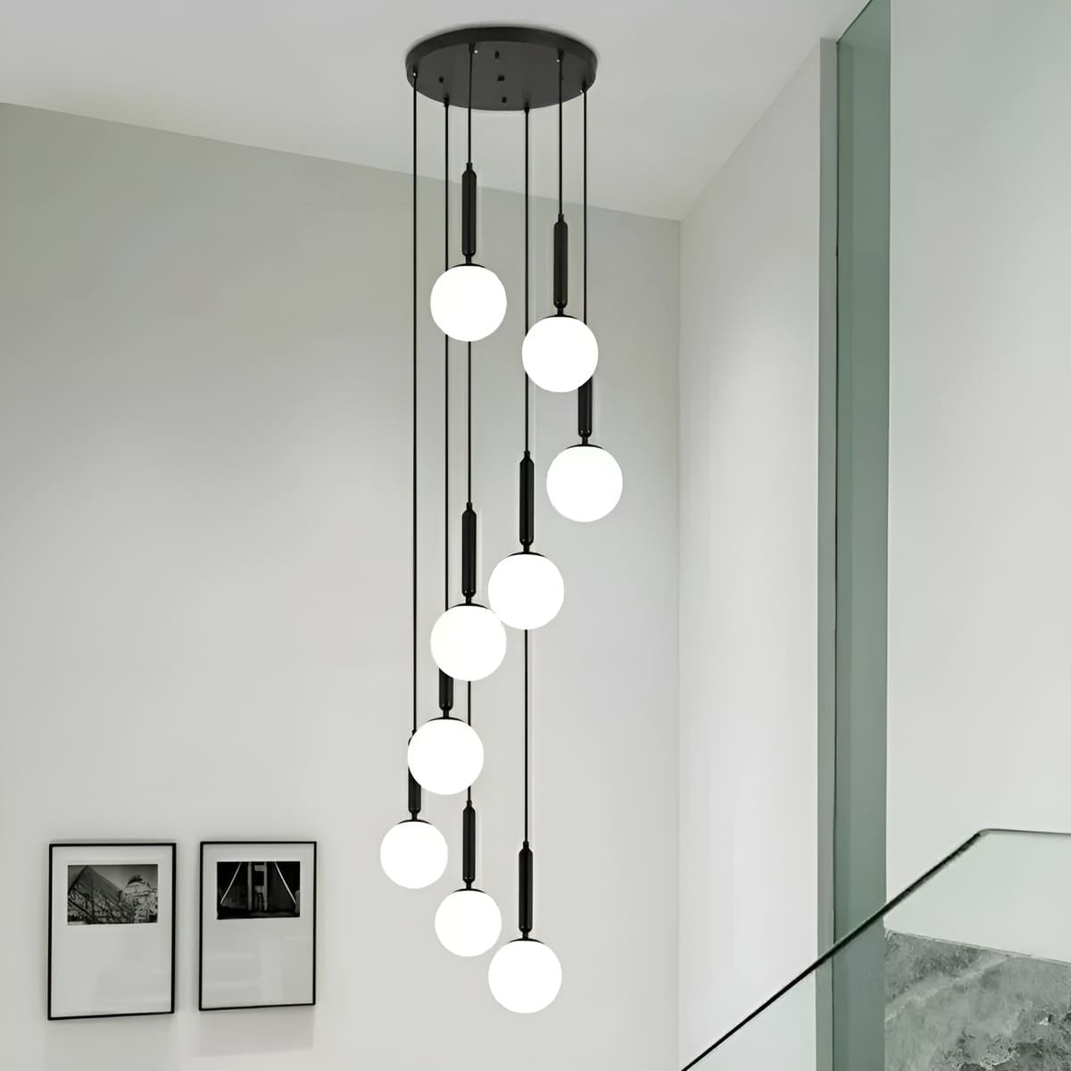 Suspension noir ou doré & boule en verre dépoli