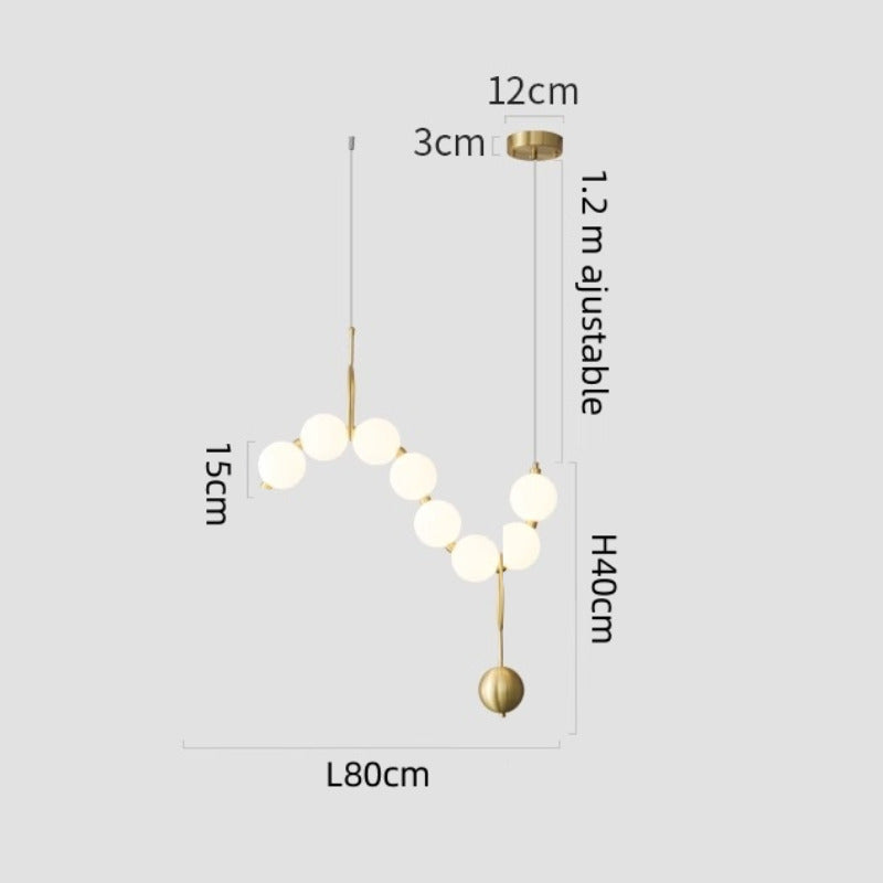 Lustre doré orné de perles en verre opalin | Luminaire chic Rectangulaire 8 boules / Blanc froid