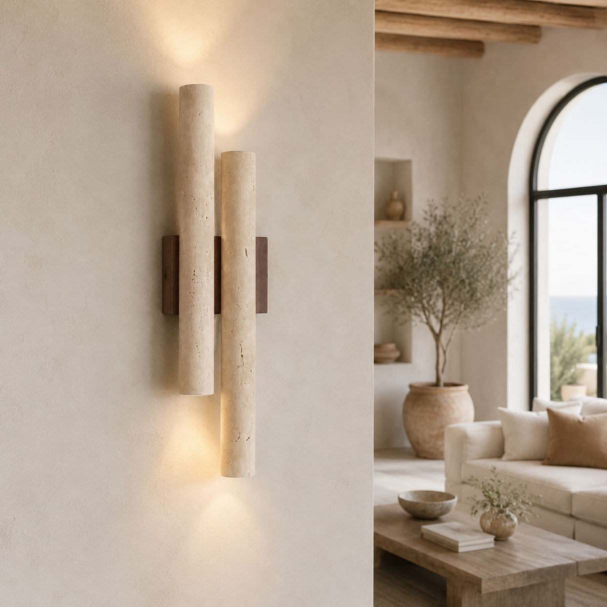 Applique murale travertin & bois | Luminaire en pierre naturelle ORGUE