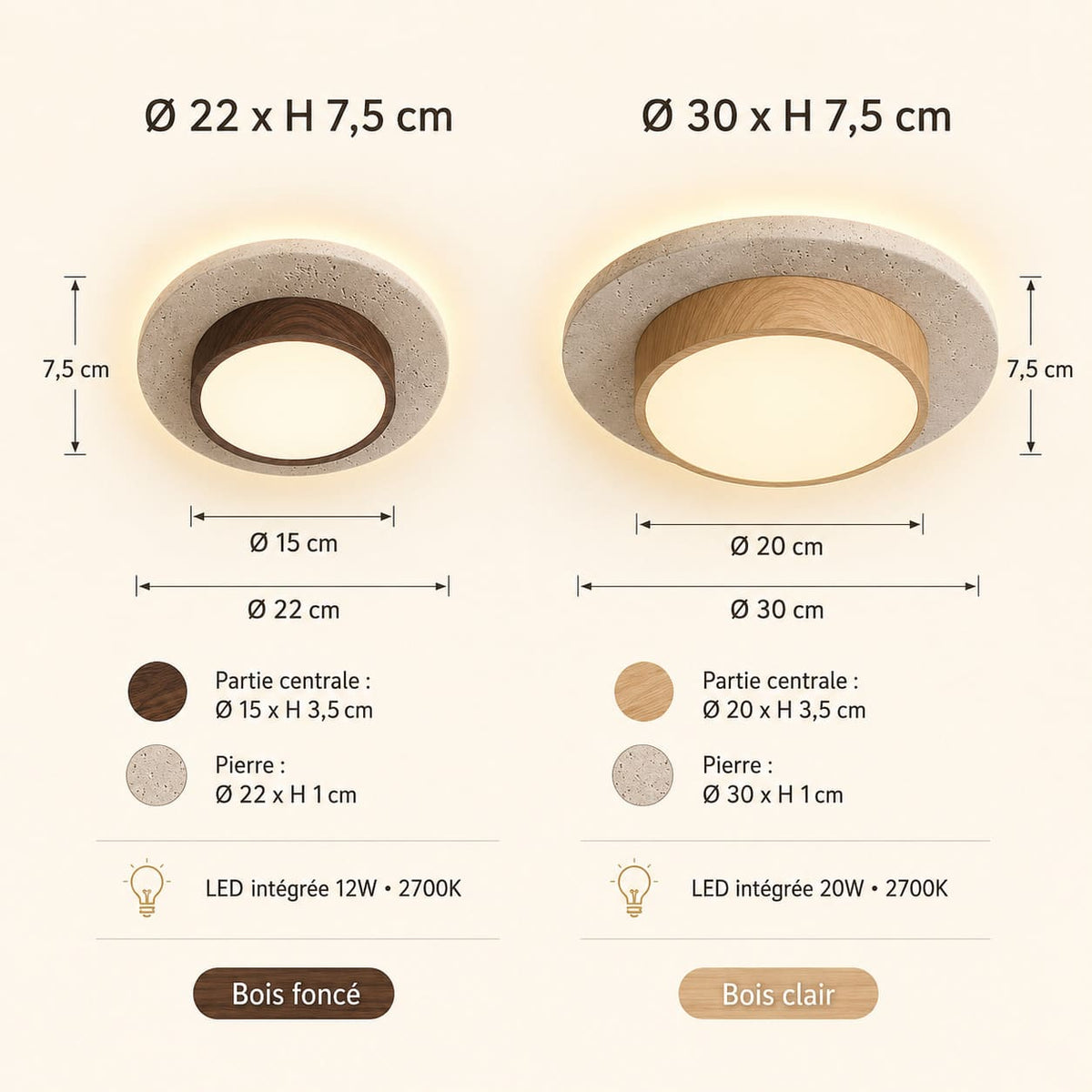 Plafonnier LED rond en travertin et bois | Design rétroéclairé en pierre naturelle ÉCLIPSE - Plafonnier