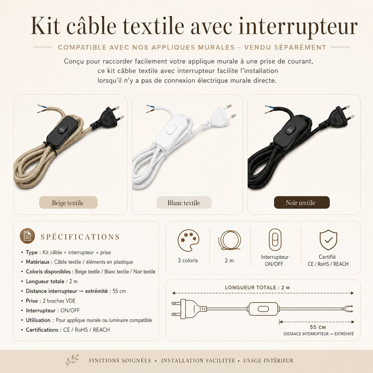 Kit câble textile avec interrupteur pour applique murale – 2 m