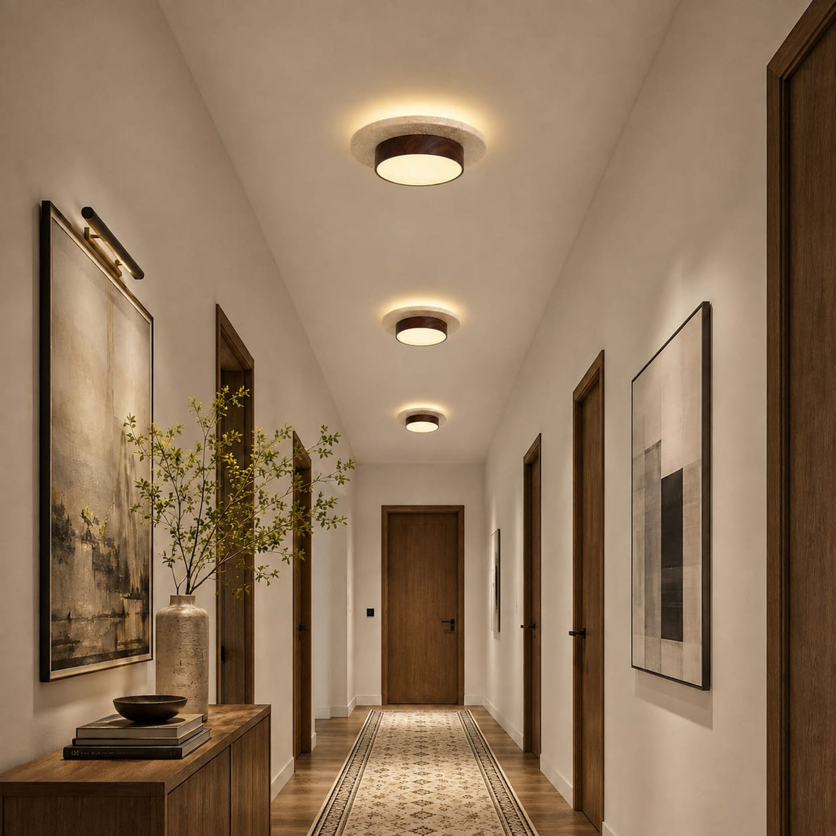 Plafonnier LED rond en travertin et bois | Design rétroéclairé en pierre naturelle ÉCLIPSE