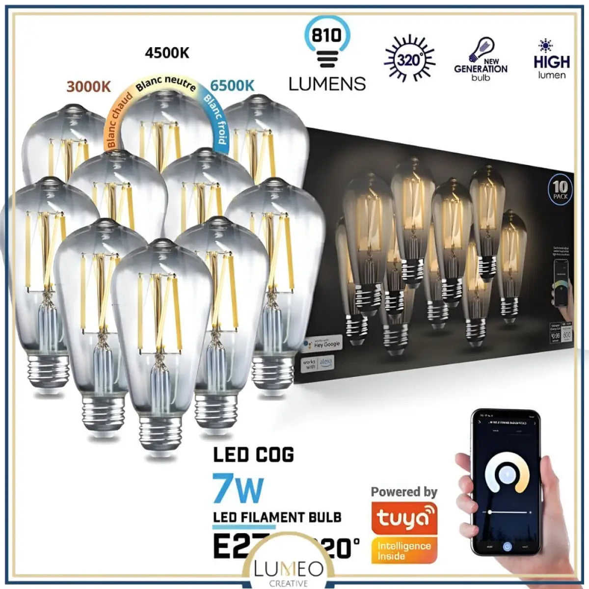 Ampoule LED intelligente Wifi E27 | 7W Dimmable Pack x10