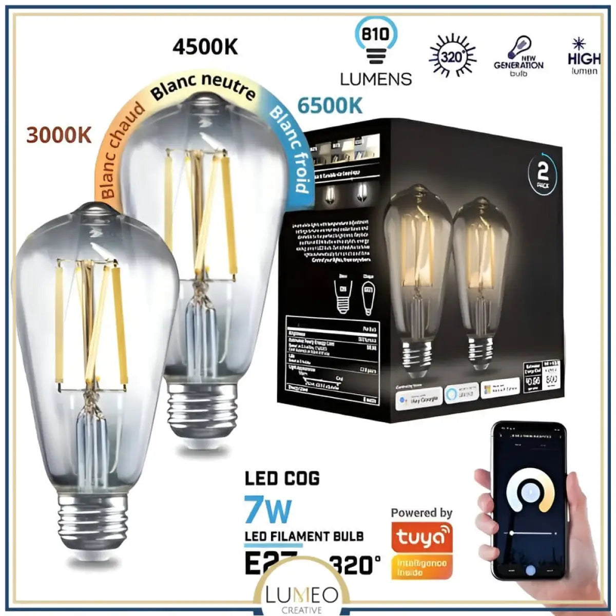 Ampoule LED intelligente Wifi E27 | 7W Dimmable Pack x2