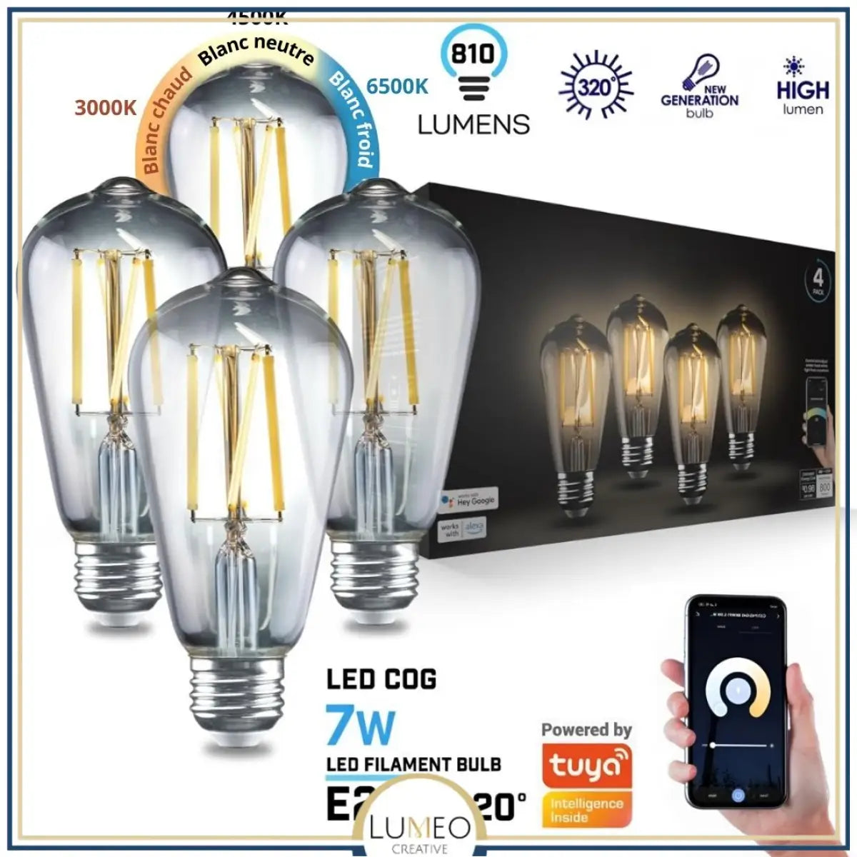 Ampoule LED intelligente Wifi E27 | 7W Dimmable Pack x4