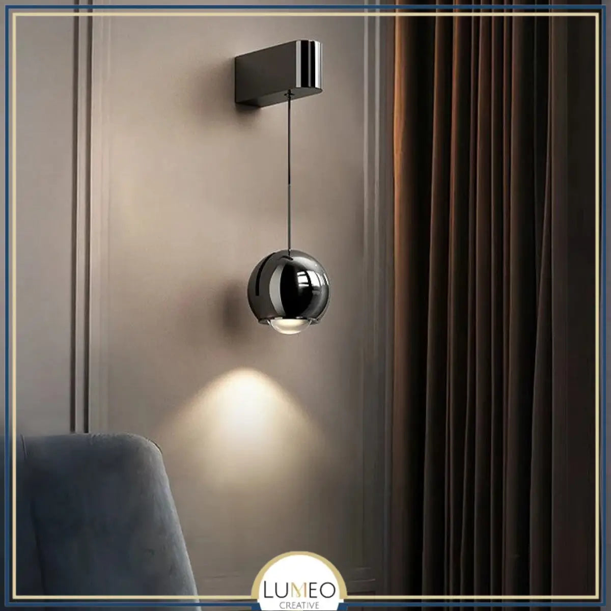 Applique murale boule suspendue chromée | Luminaire design ajustable pour chambre ou salon Noir / Blanc chaud