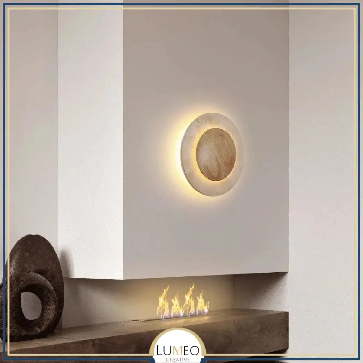 Applique murale cercle bois & pierre rétroéclairée | Luminaire mural au design naturel