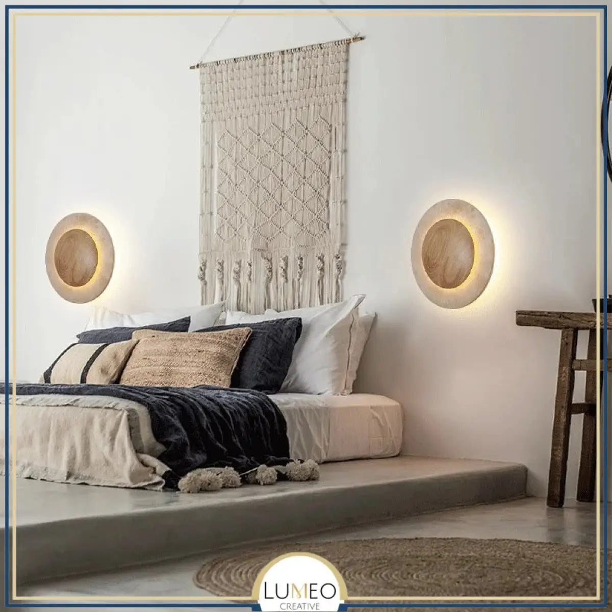 Applique murale cercle bois & pierre rétroéclairée | Luminaire mural au design naturel