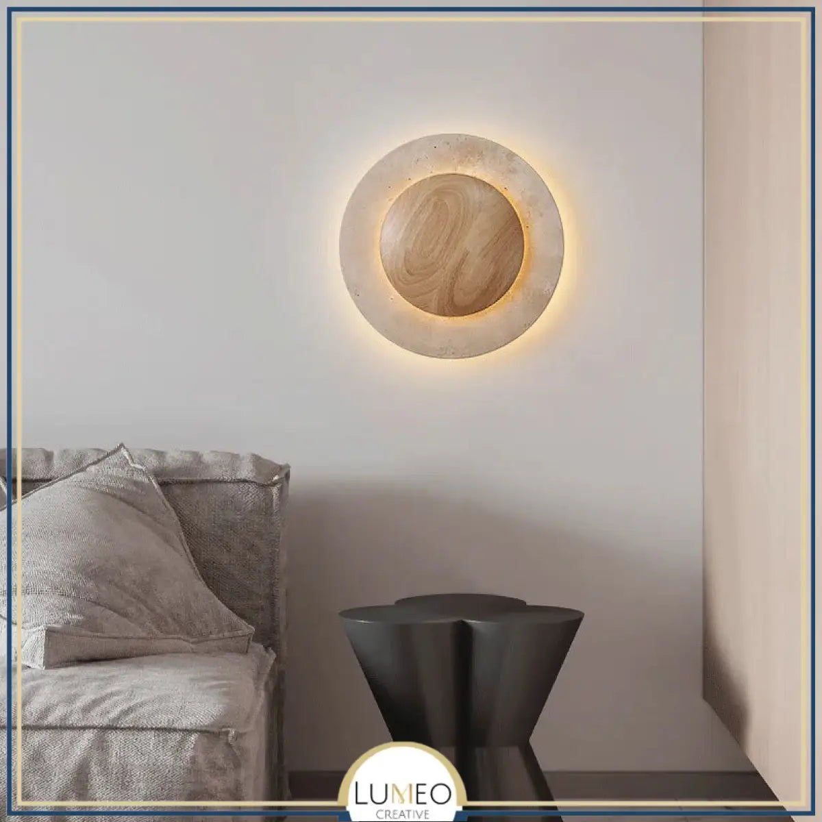 Applique murale cercle bois & pierre rétroéclairée | Luminaire mural au design naturel