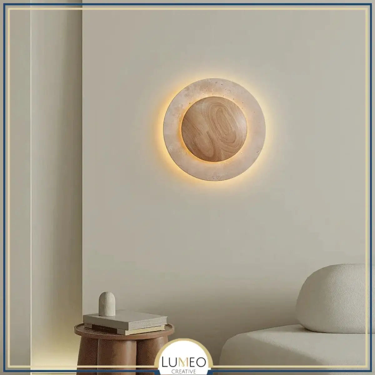 Applique murale cercle bois & pierre rétroéclairée | Luminaire mural au design naturel