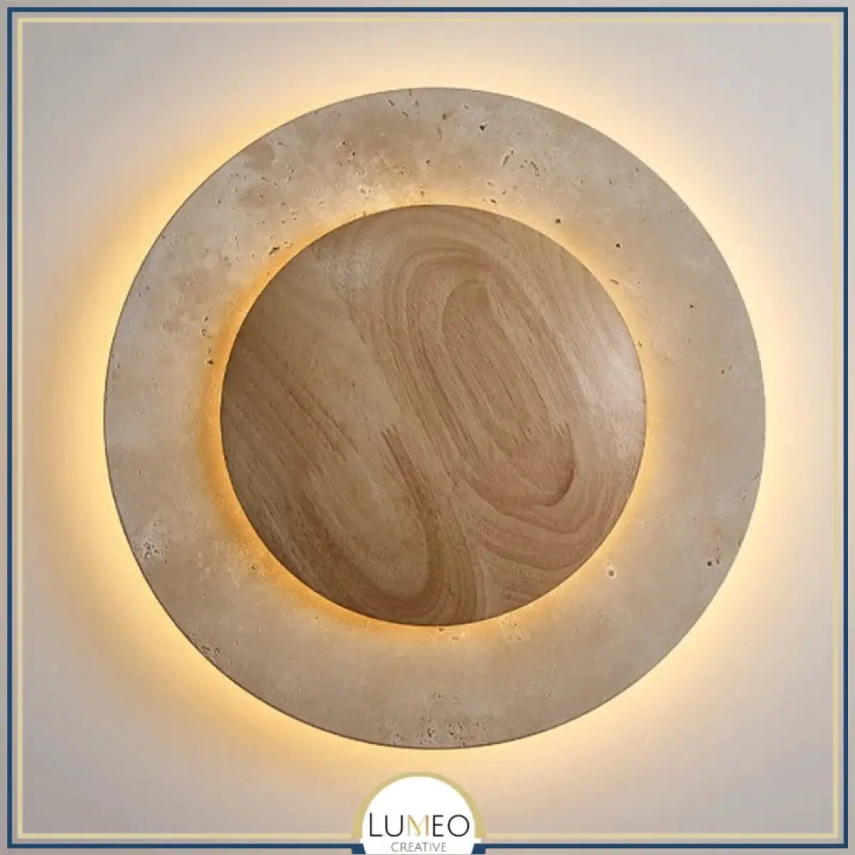 Applique murale cercle bois & pierre rétroéclairée | Luminaire mural au design naturel Blanc chaud