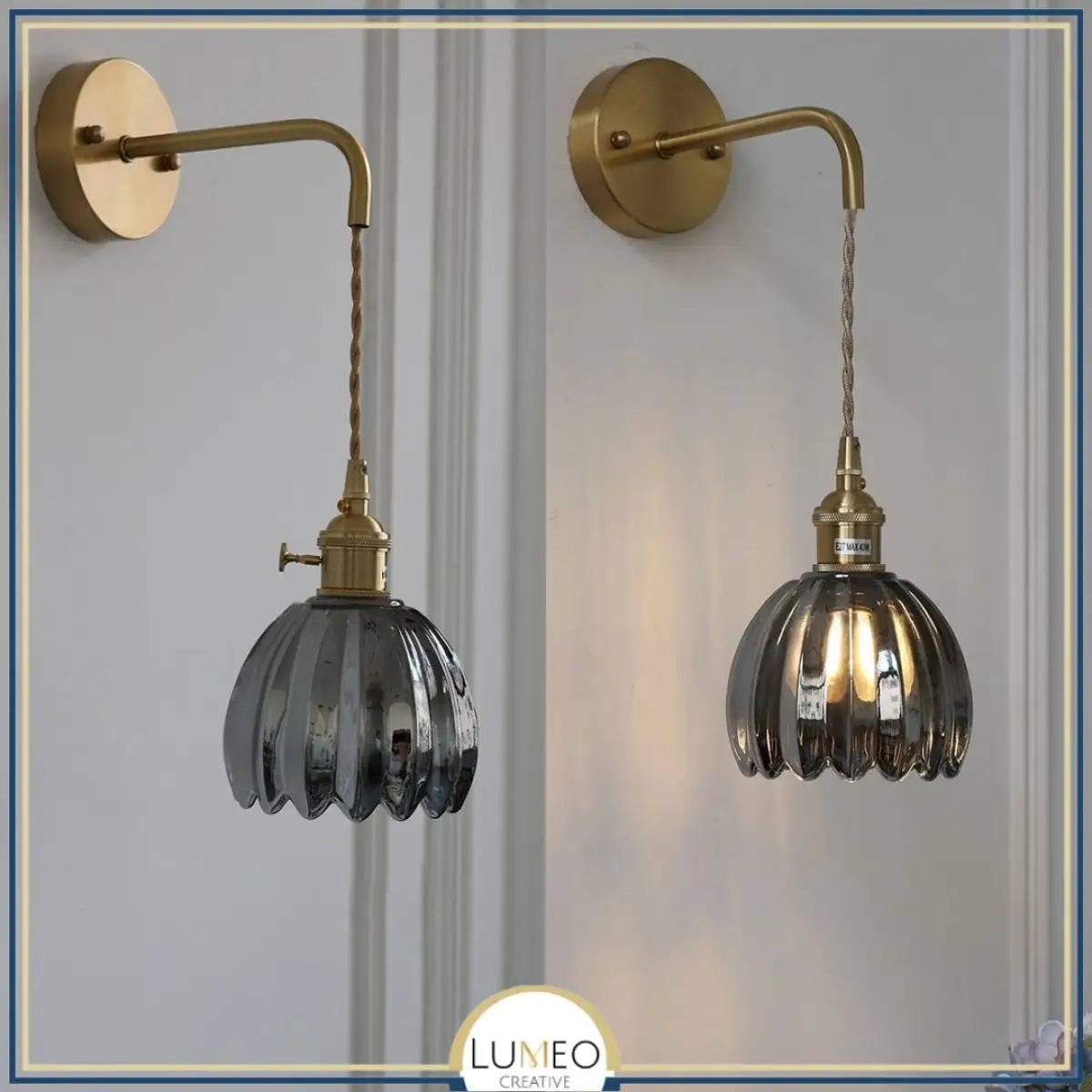 Applique murale vintage en verre nervuré | Luminaire suspendu ou fixe A Gris fumé