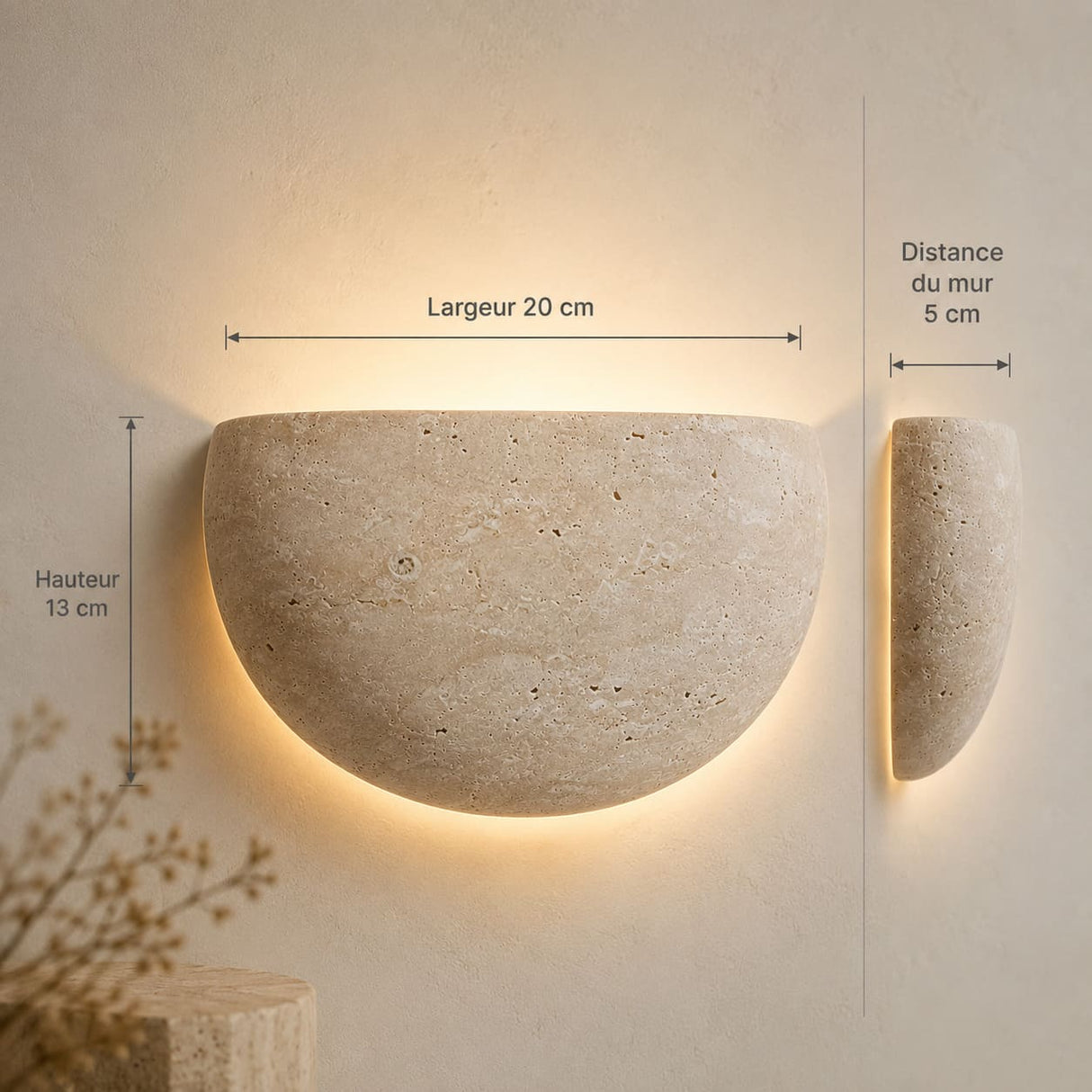Applique murale en travertin | Luminaire en pierre naturelle DEMI-LUNE