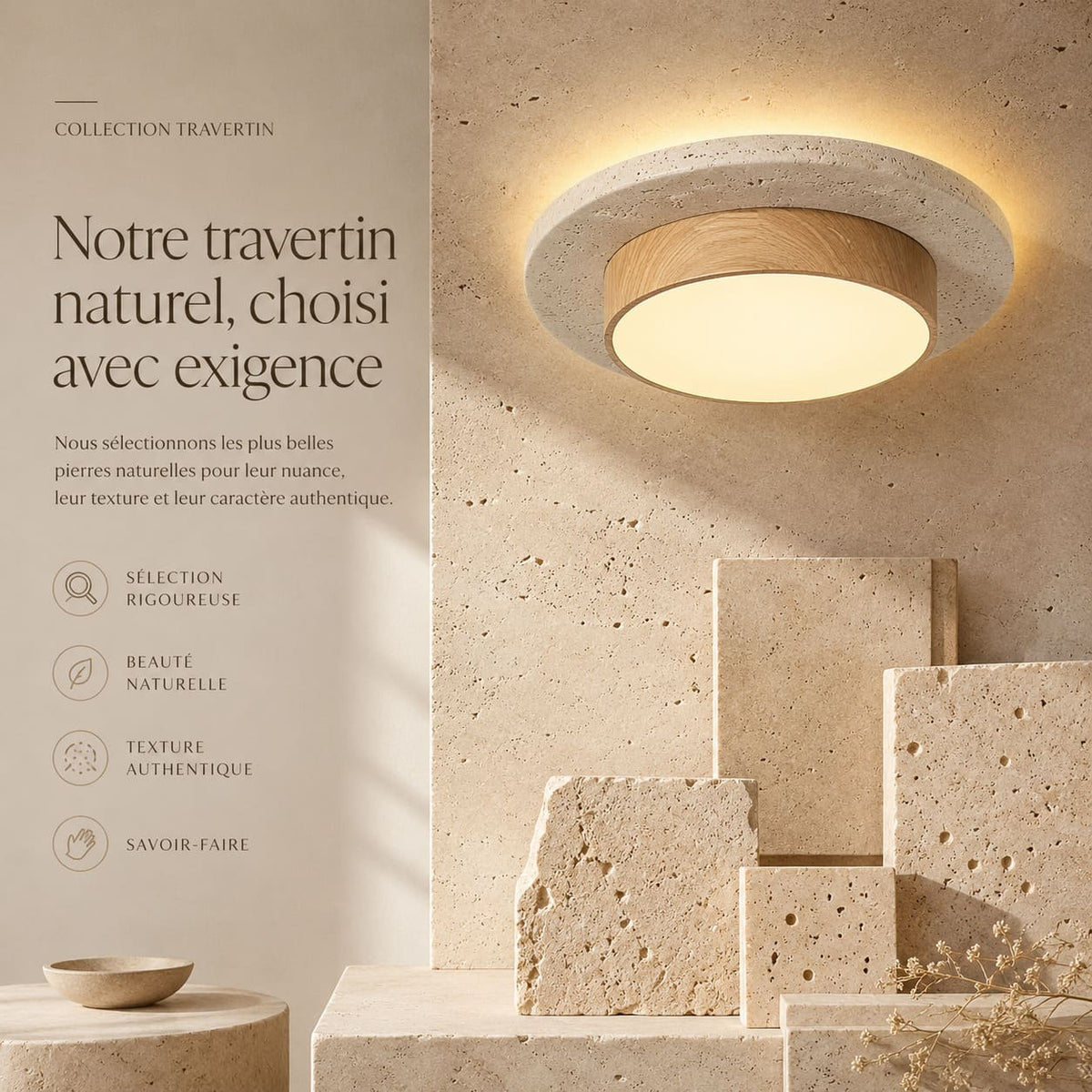 Plafonnier LED rond en travertin et bois | Design rétroéclairé en pierre naturelle ÉCLIPSE - Plafonnier