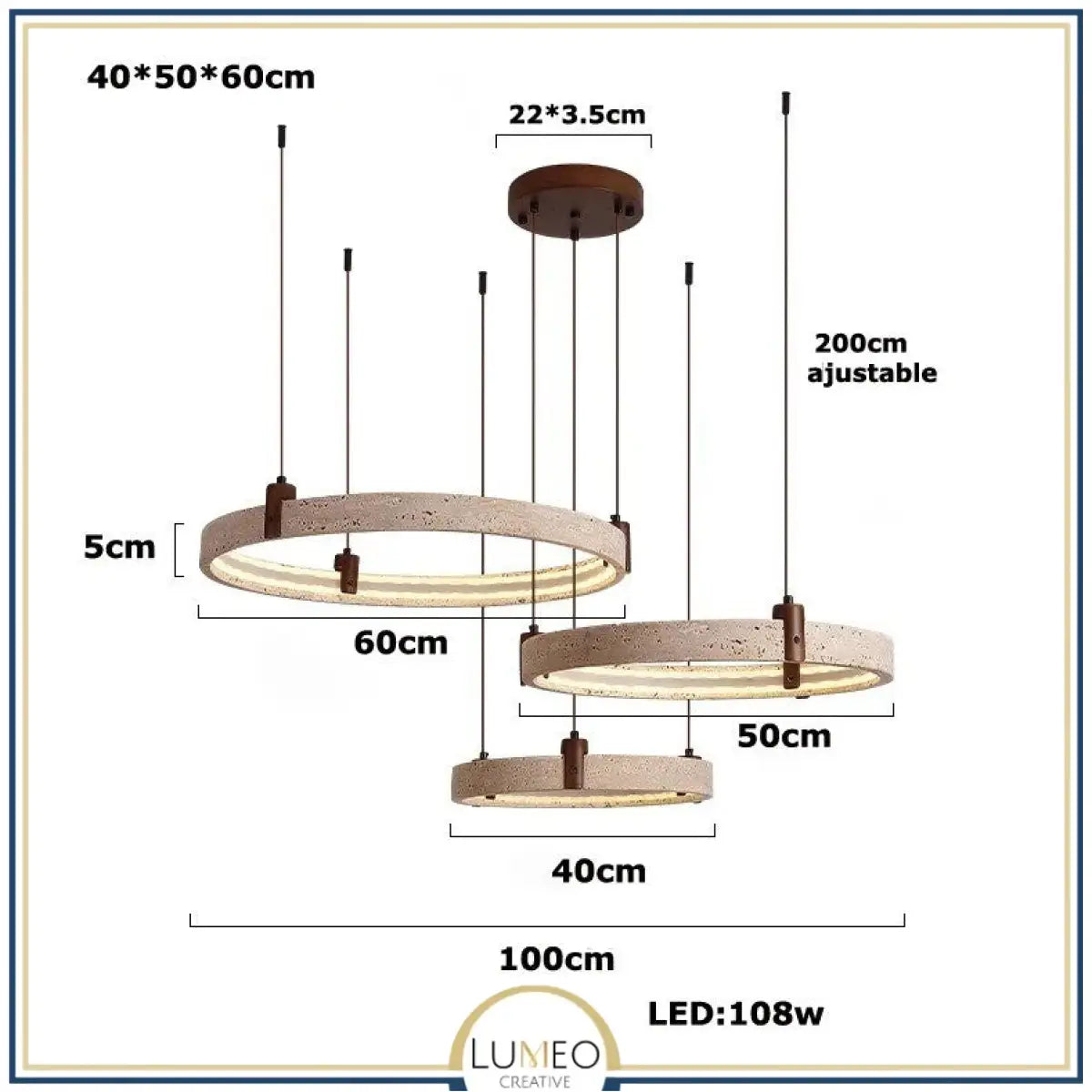 Lustre anneau en pierre naturelle 40 + 50 + 60 cm / Blanc chaud