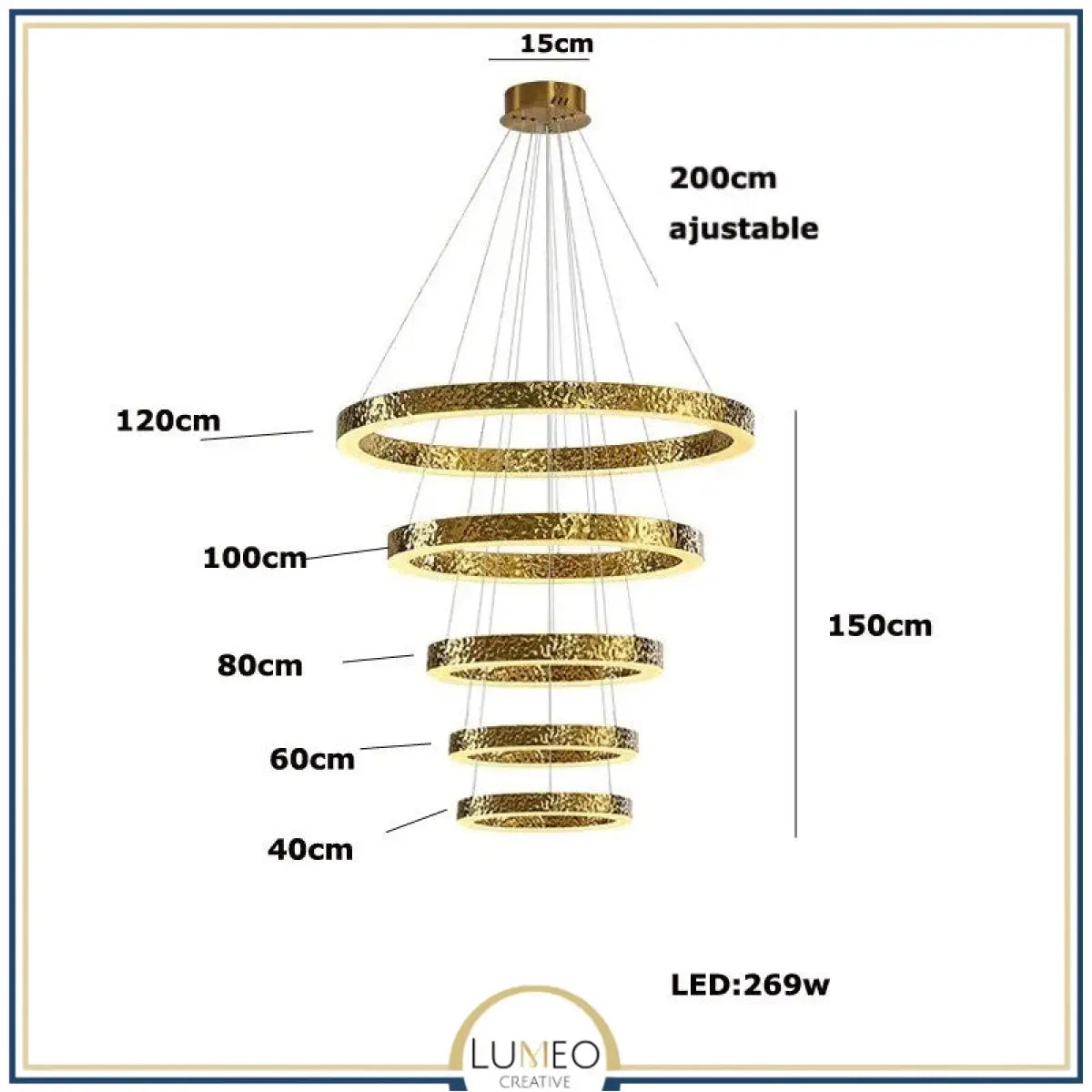 Lustre anneaux martelés dorés | Contemporain & Chic 5 anneaux / Blanc froid