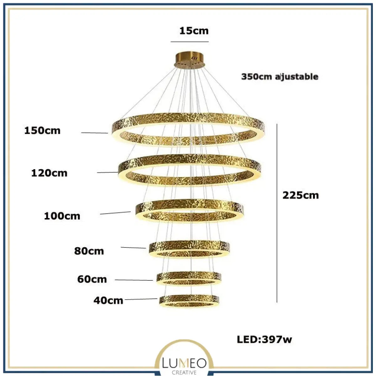 Lustre anneaux martelés dorés | Contemporain & Chic 6 anneaux / Blanc froid