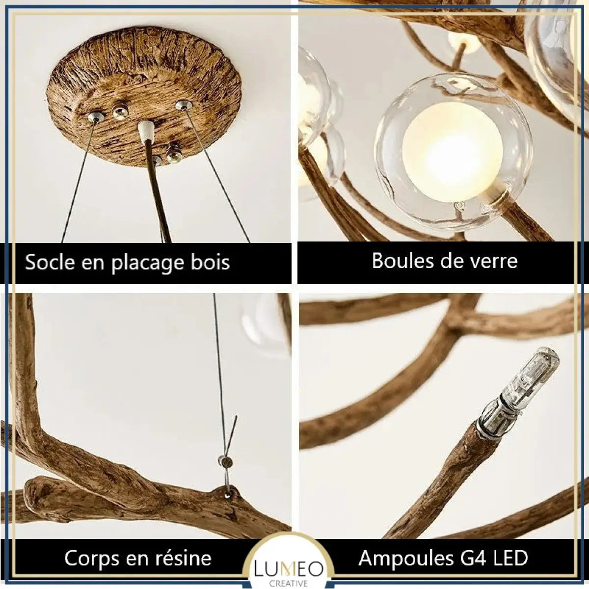Lustre branche d’arbre à sphères lumineuses | Élégance rustique & design naturel