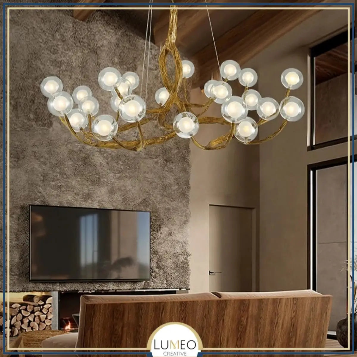 Lustre branche d’arbre à sphères lumineuses | Élégance rustique & design naturel