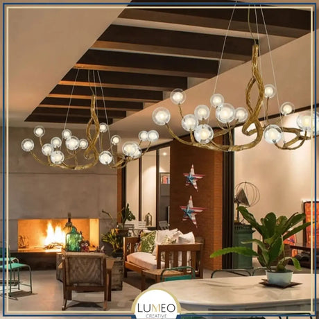 Lustre branche d’arbre à sphères lumineuses | Élégance rustique & design naturel