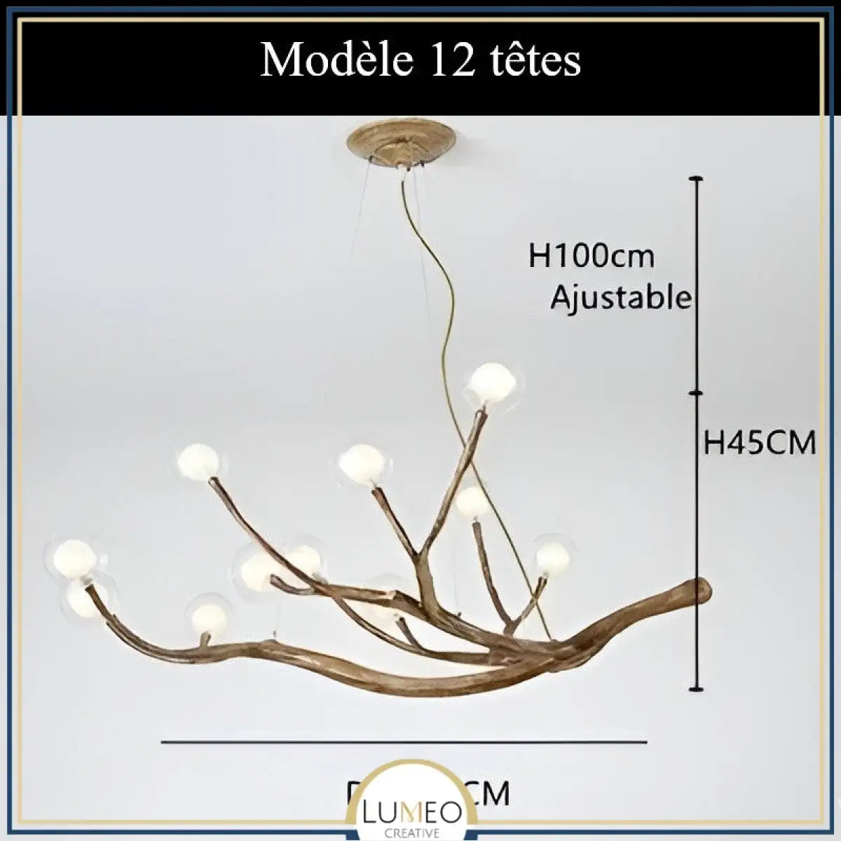 Lustre branche d’arbre à sphères lumineuses | Élégance rustique & design naturel Modèle A | 12 sphères / Blanc chaud