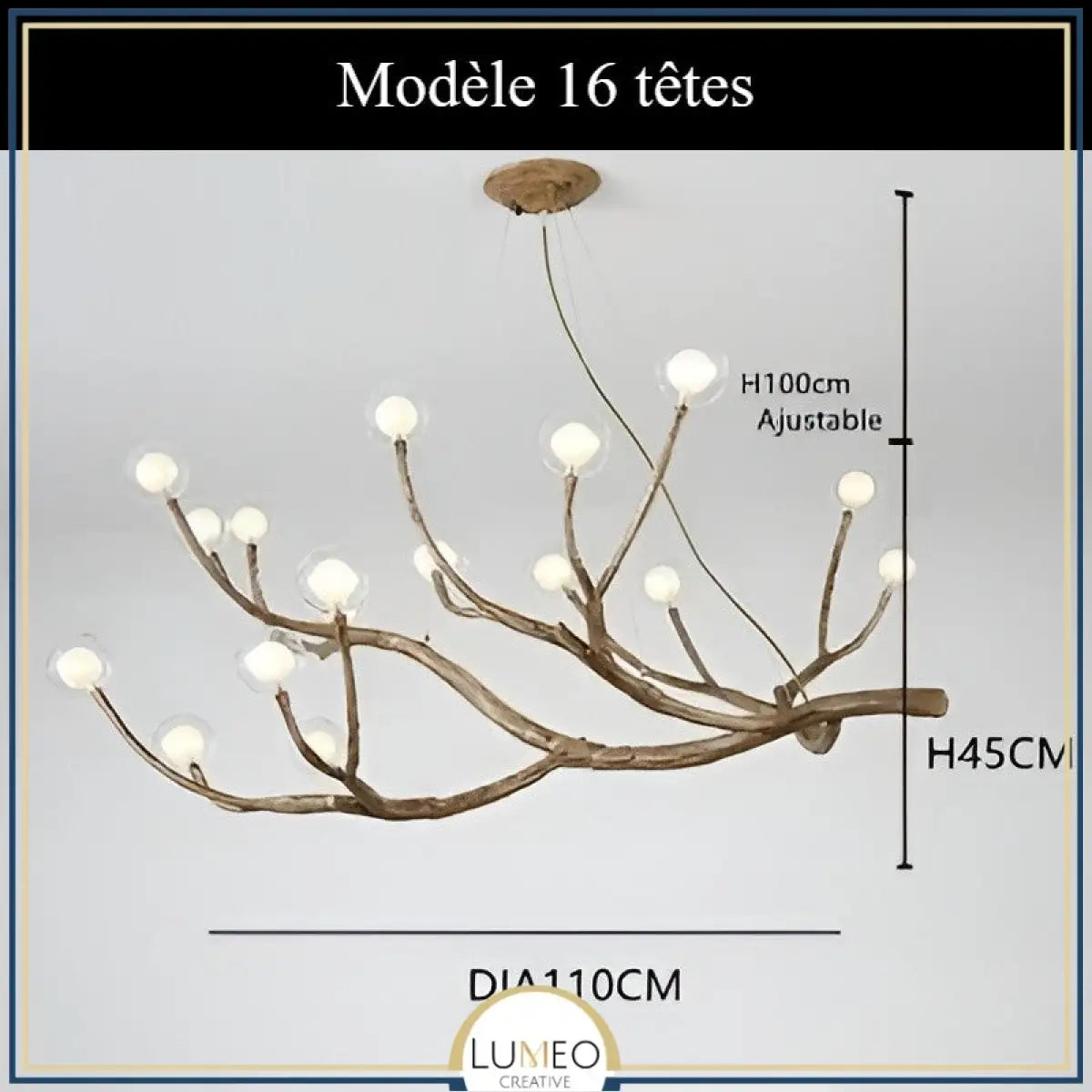 Lustre branche d’arbre à sphères lumineuses | Élégance rustique & design naturel Modèle A | 16 sphères / Blanc chaud