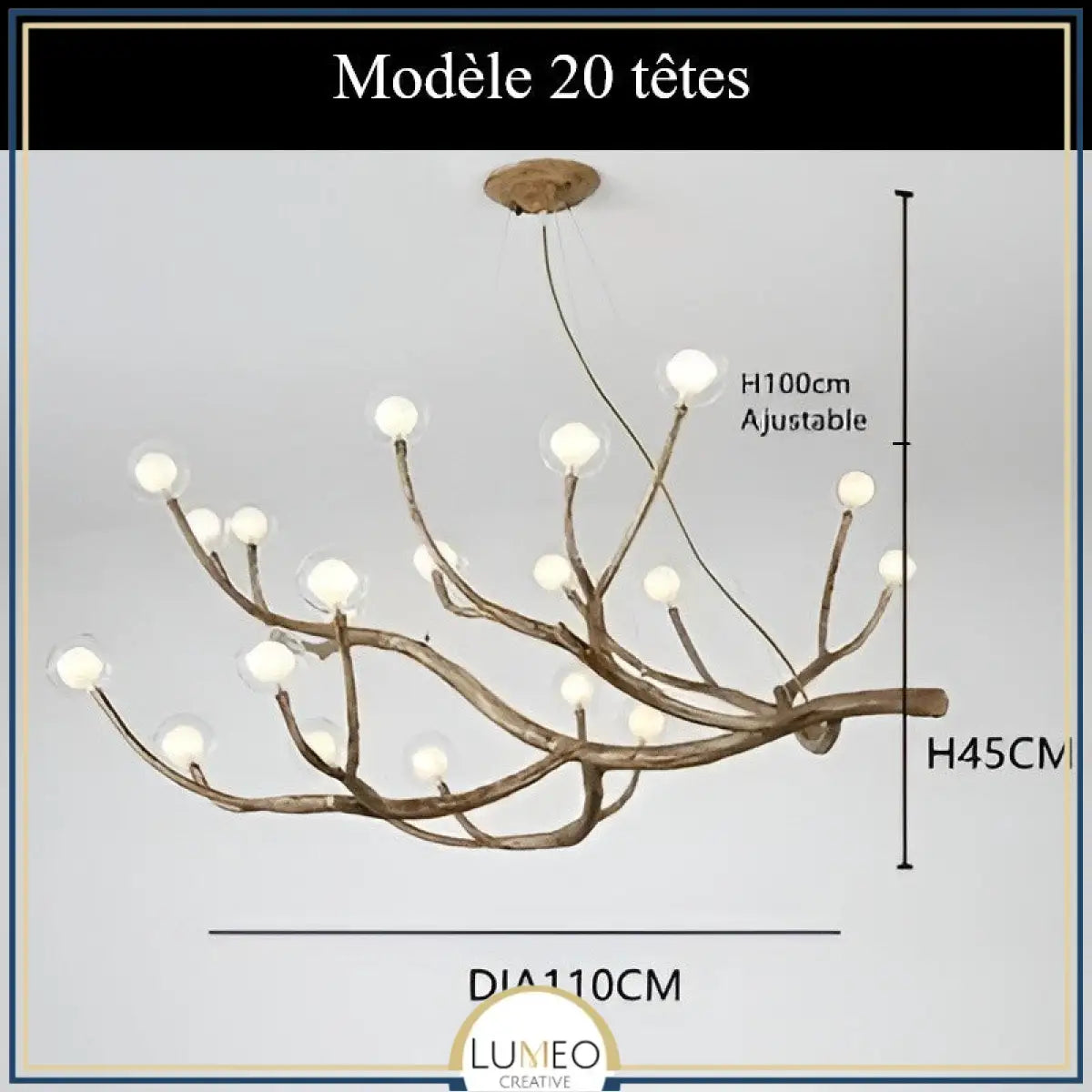 Lustre branche d’arbre à sphères lumineuses | Élégance rustique & design naturel Modèle A | 20 sphères / Blanc chaud