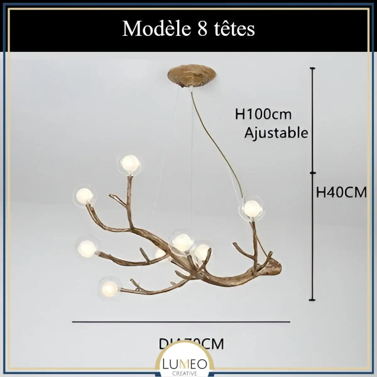 Lustre branche d’arbre à sphères lumineuses | Élégance rustique & design naturel Modèle A | 8 sphères / Blanc chaud
