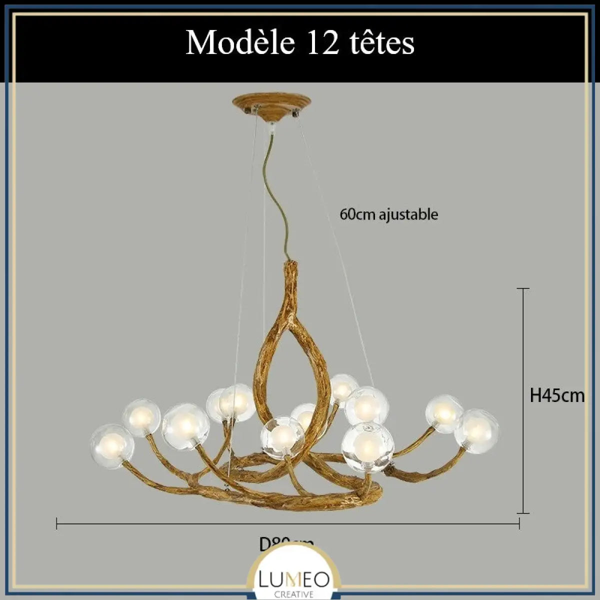 Lustre branche d’arbre à sphères lumineuses | Élégance rustique & design naturel Modèle B | 12 sphères / Blanc chaud