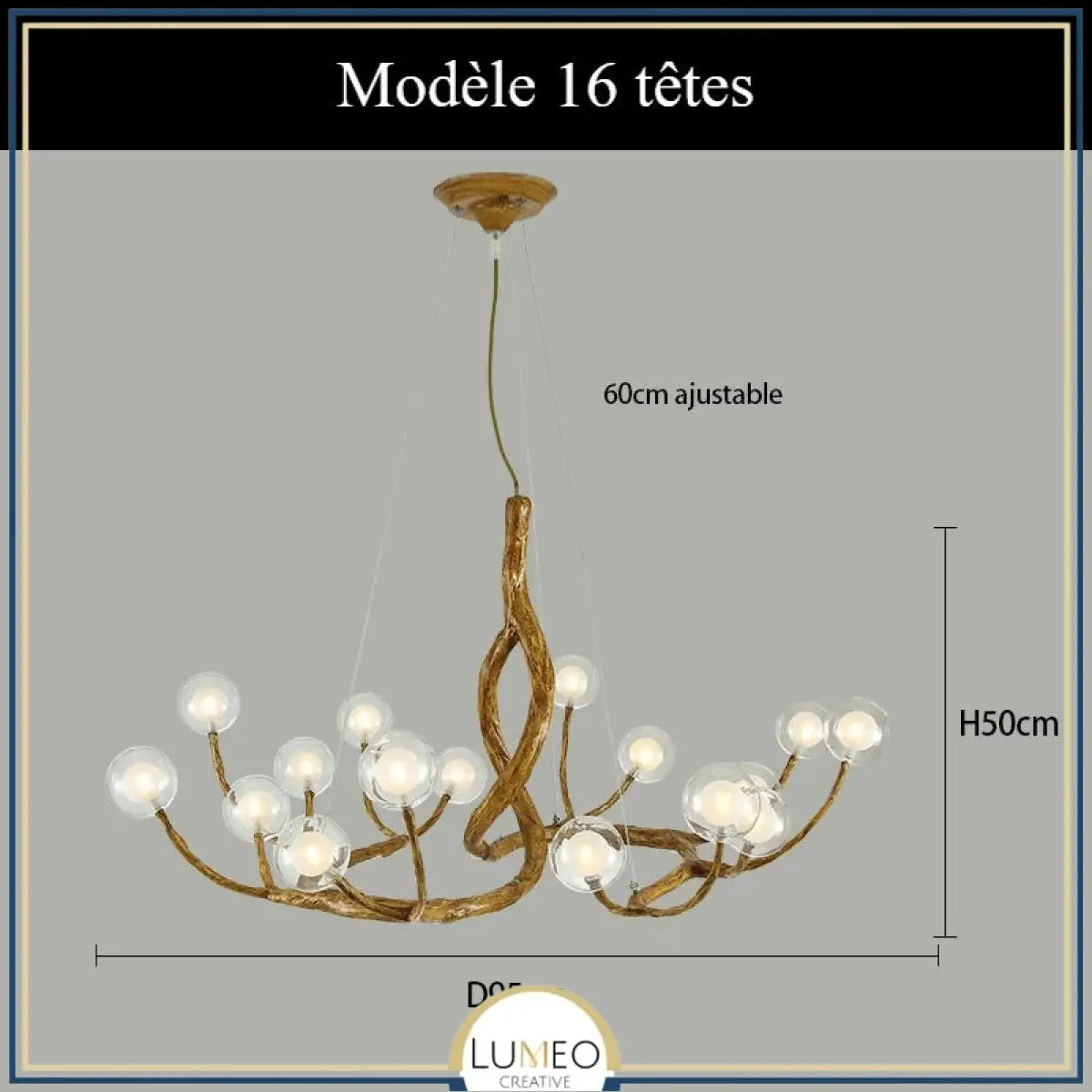 Lustre branche d’arbre à sphères lumineuses | Élégance rustique & design naturel Modèle B | 16 sphères / Blanc chaud