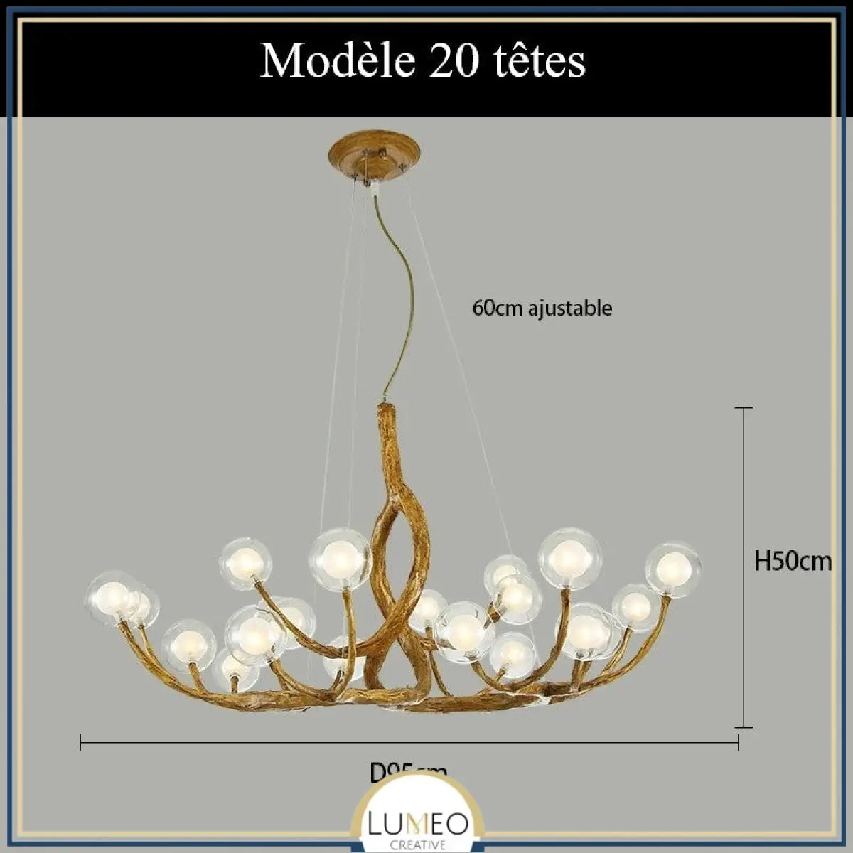 Lustre branche d’arbre à sphères lumineuses | Élégance rustique & design naturel Modèle B | 20 sphères / Blanc chaud