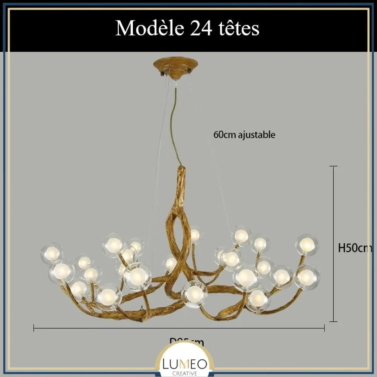 Lustre branche d’arbre à sphères lumineuses | Élégance rustique & design naturel Modèle B | 24 sphères / Blanc chaud