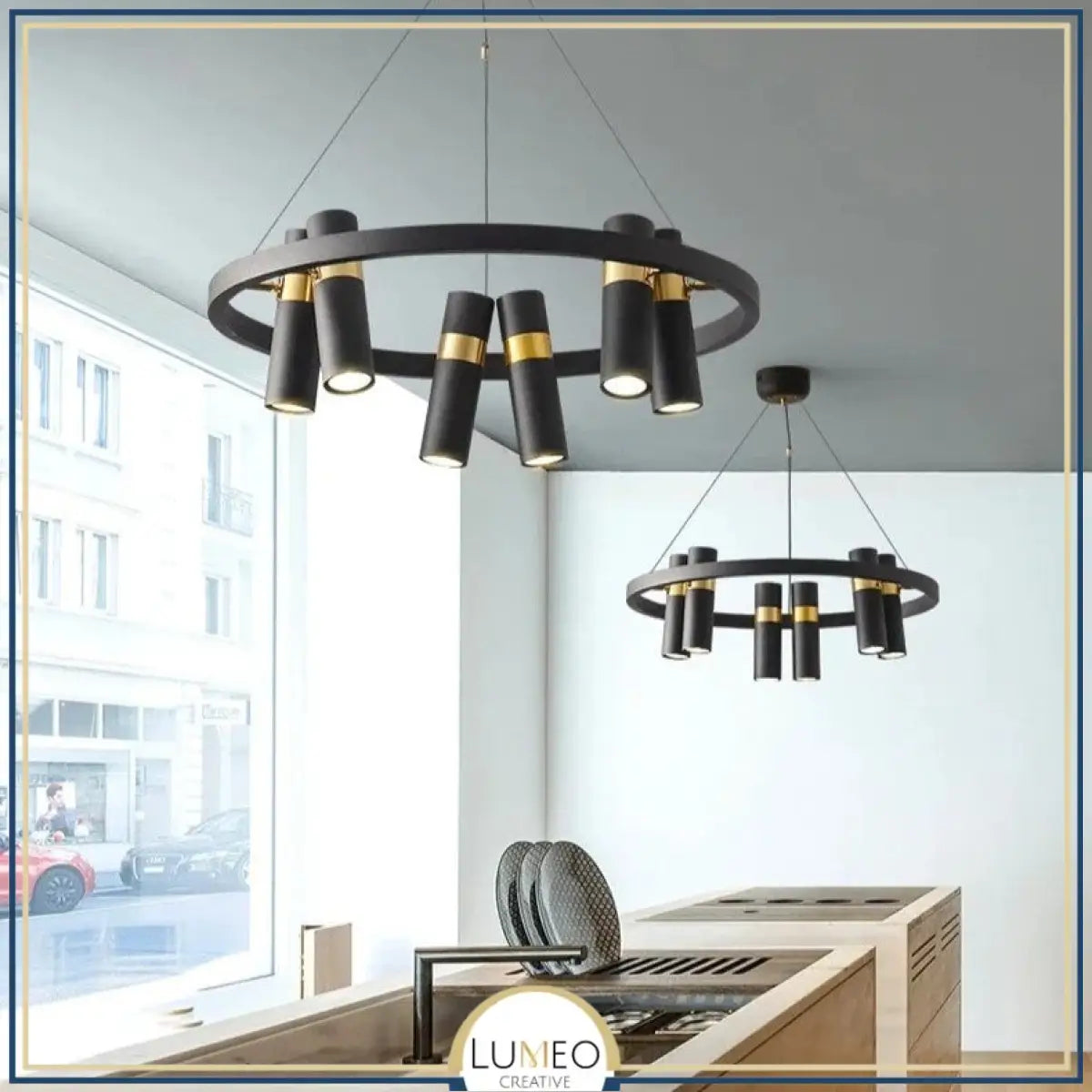 Lustre circulaire à spots orientables | Design moderne noir et or