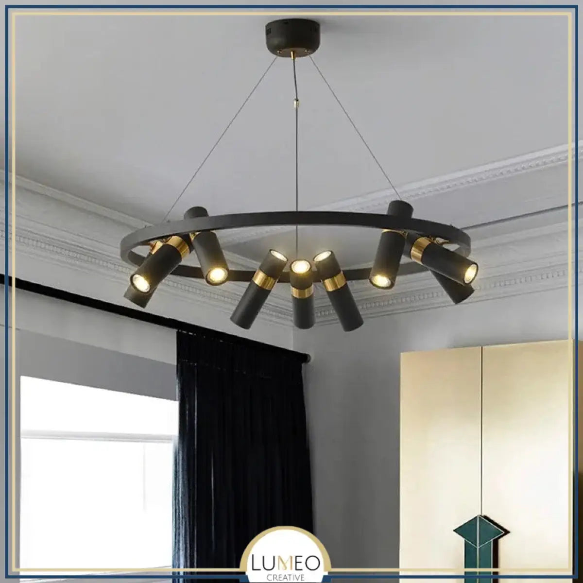 Lustre circulaire à spots orientables | Design moderne noir et or 9 têtes / Blanc chaud