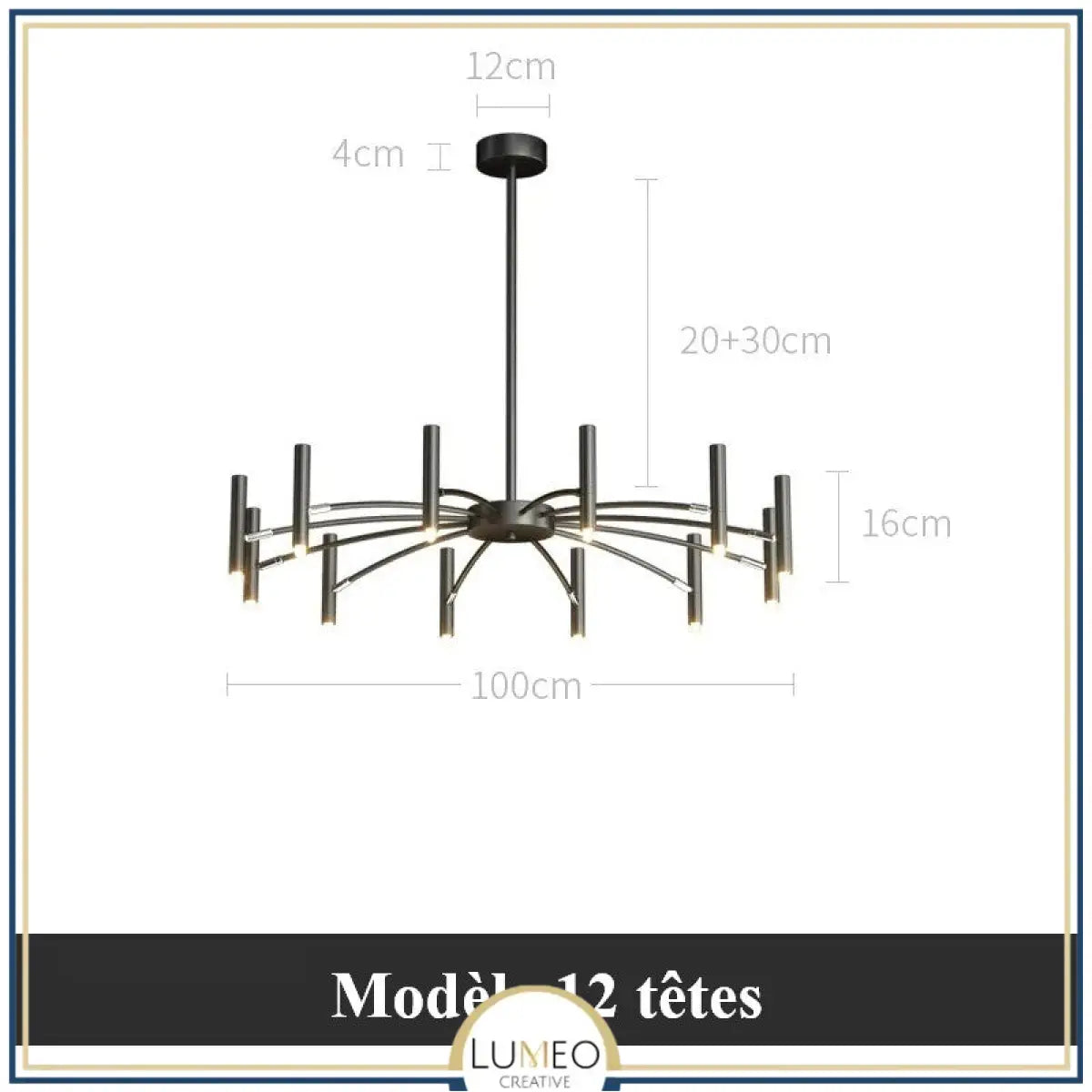 Lustre circulaire architectural en tubes à LED | Luminaire au design moderne Diamètre 100 cm 12 tubes / Noir / Blanc