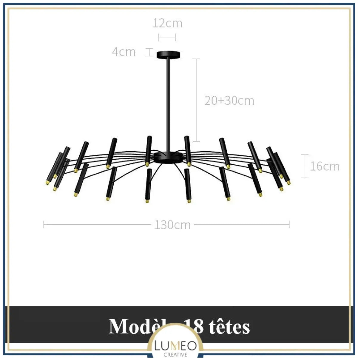 Lustre circulaire architectural en tubes à LED | Luminaire au design moderne Diamètre 130 cm 18 tubes / Noir / Blanc