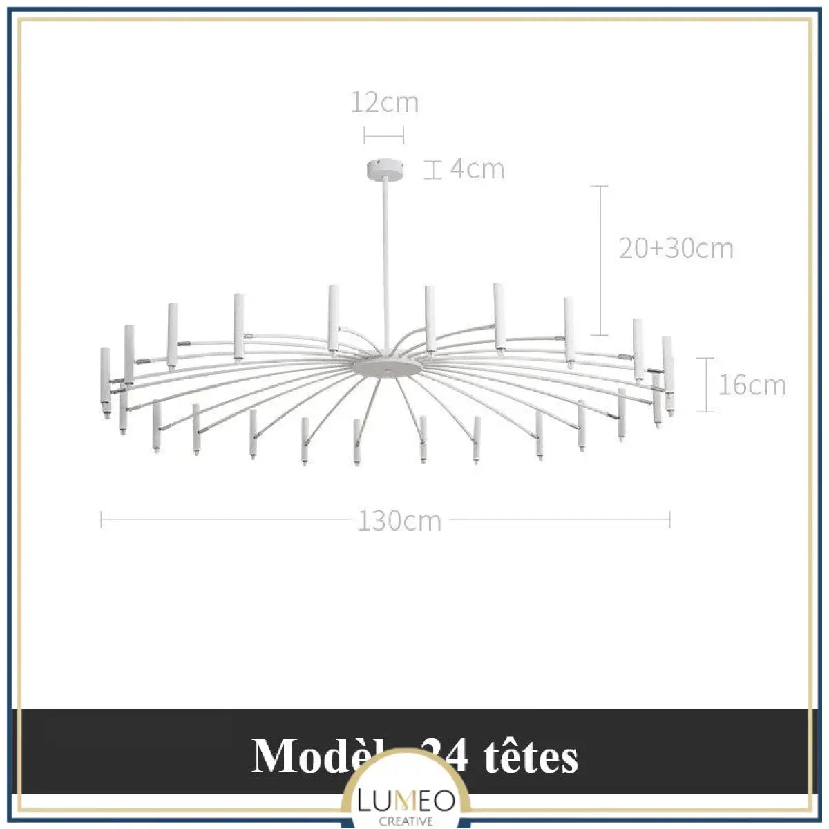 Lustre circulaire architectural en tubes à LED | Luminaire au design moderne Diamètre 130 cm 24 tubes / Blanc / Blanc