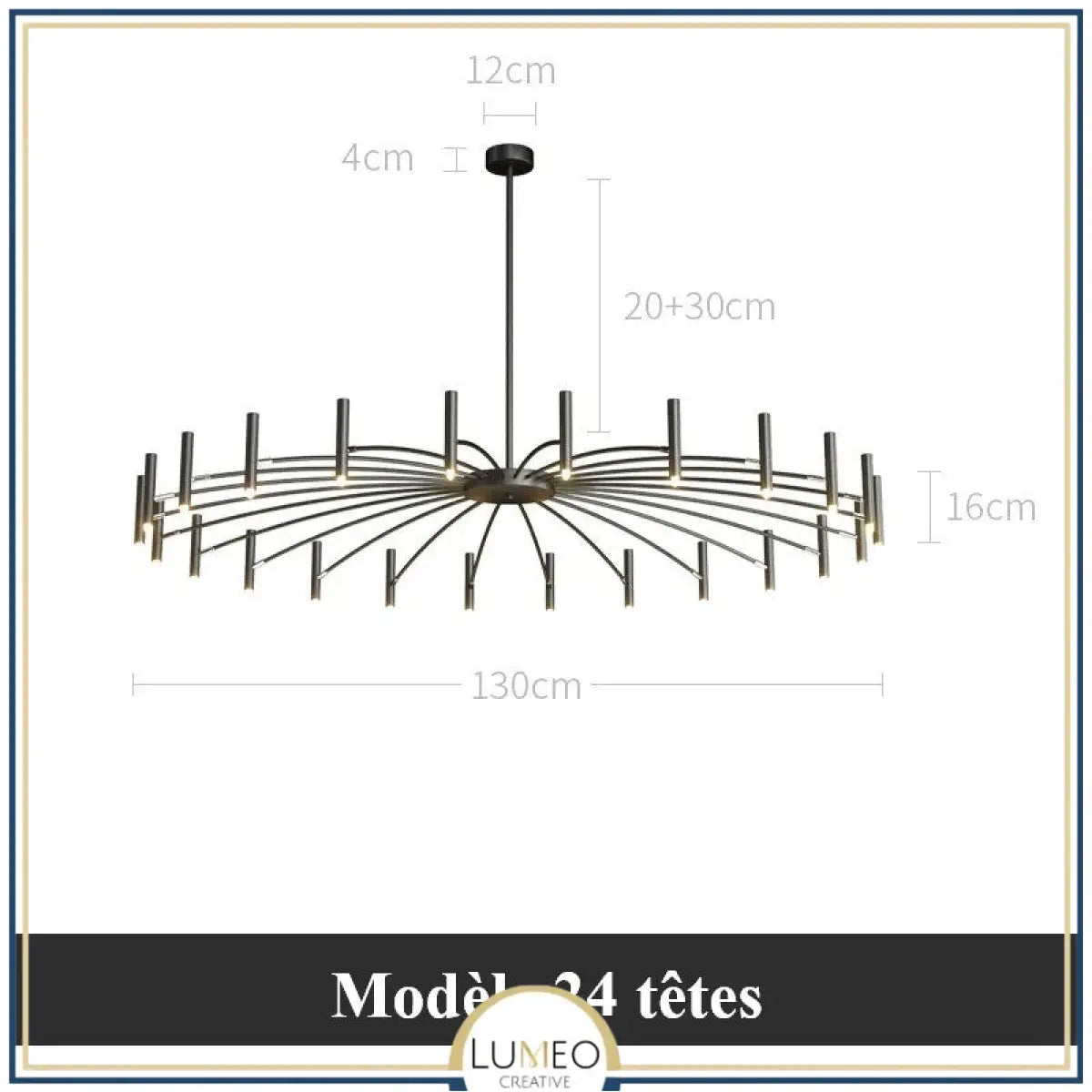 Lustre circulaire architectural en tubes à LED | Luminaire au design moderne Diamètre 130 cm 24 tubes / Noir / Blanc