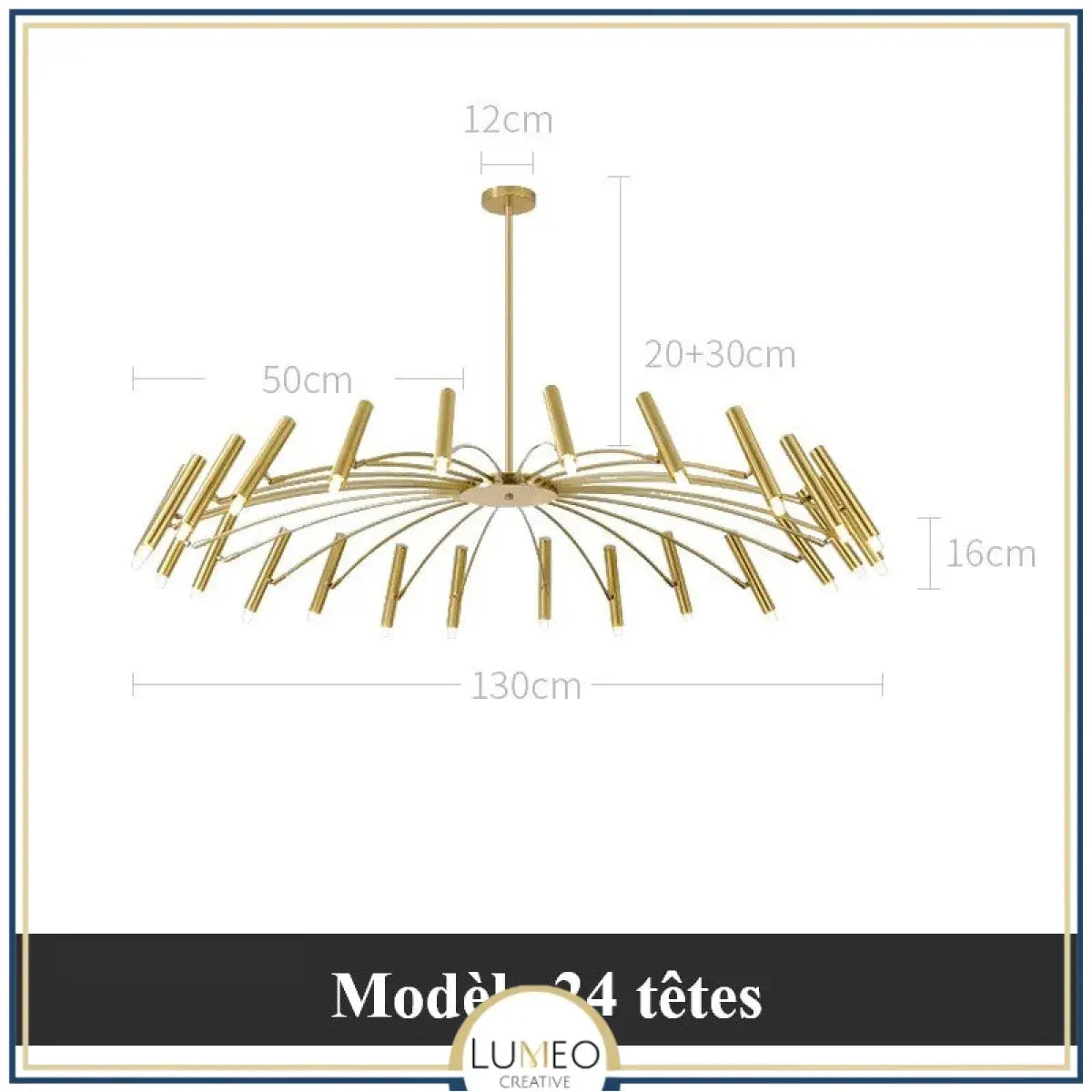 Lustre circulaire architectural en tubes à LED | Luminaire au design moderne Diamètre 130 cm 24 tubes / Or / Blanc chaud