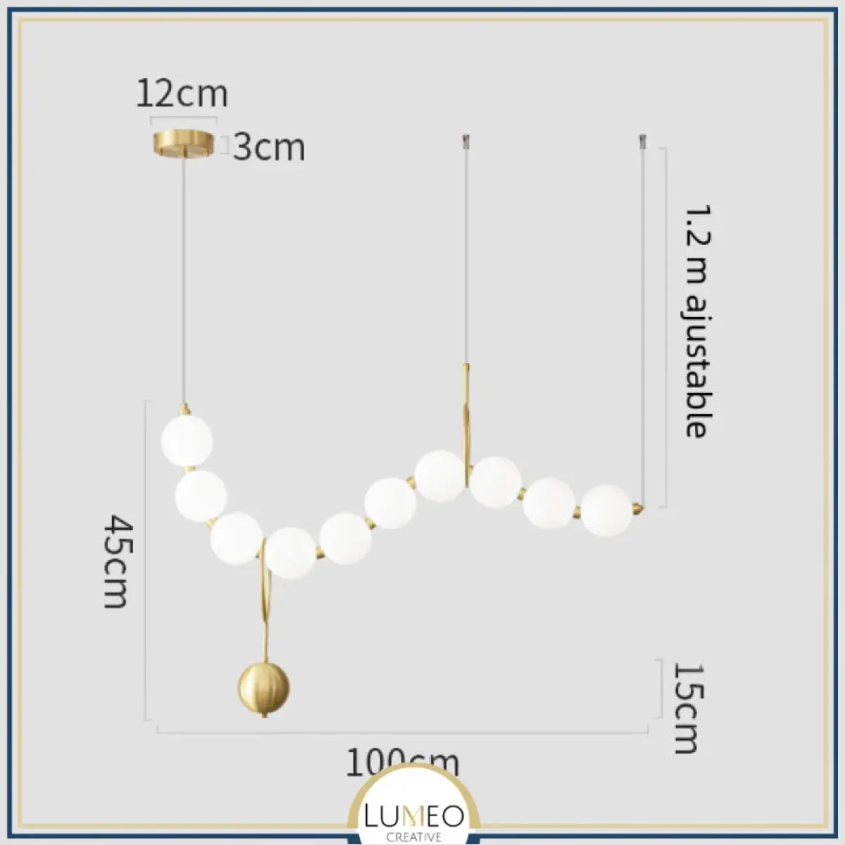 Lustre doré orné de perles en verre opalin | Luminaire chic Rectangulaire 10 boules / Blanc froid