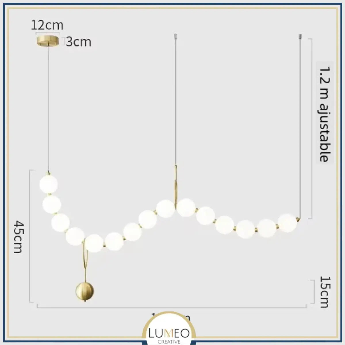 Lustre doré orné de perles en verre opalin | Luminaire chic Rectangulaire 15 boules / Blanc froid