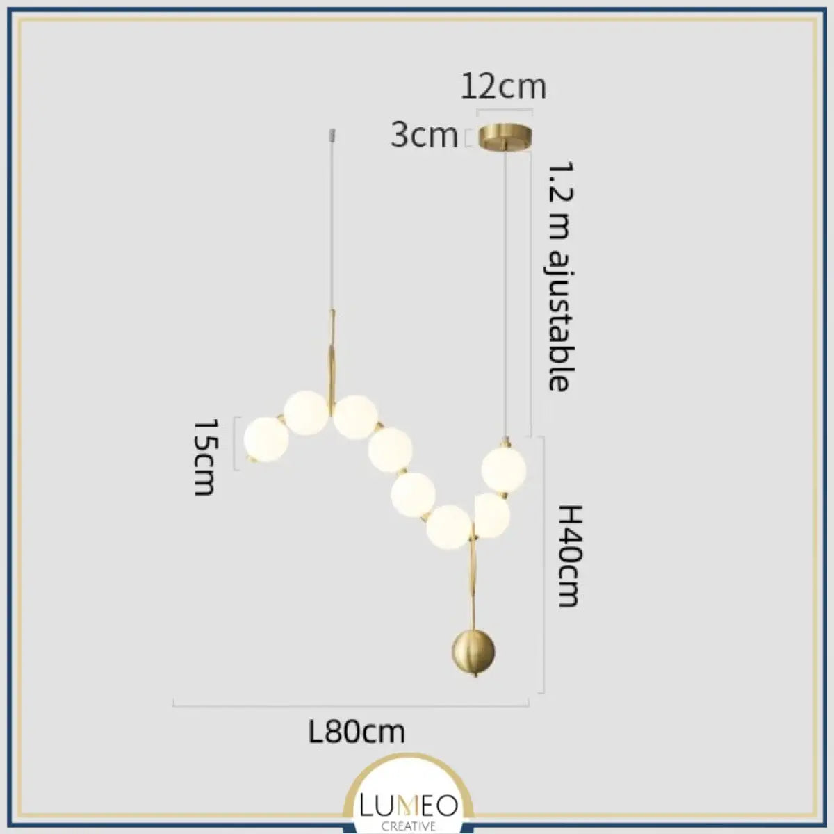 Lustre doré orné de perles en verre opalin | Luminaire chic Rectangulaire 8 boules / Blanc froid