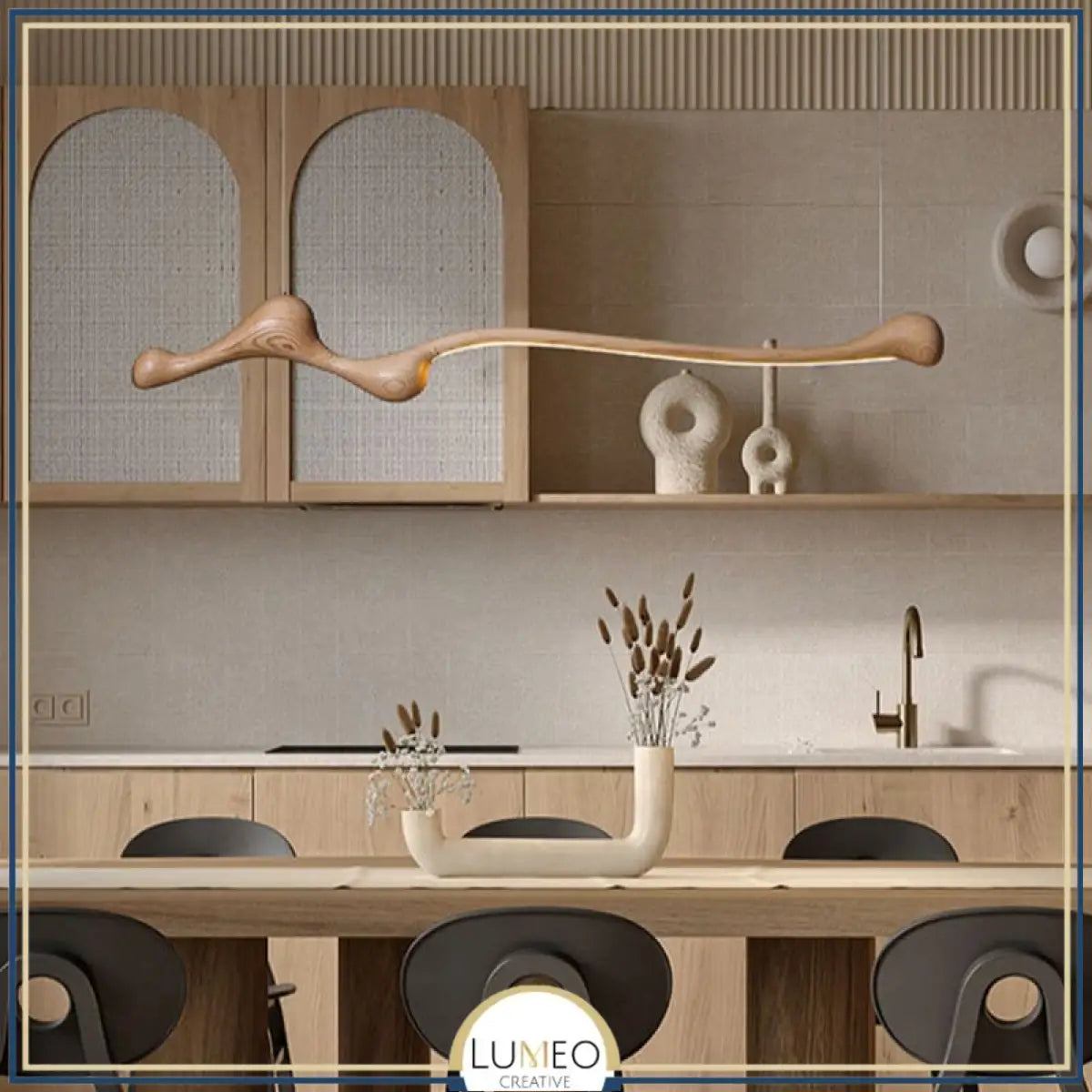 Lustre organique en bois massif | Design sculptural Marron clair