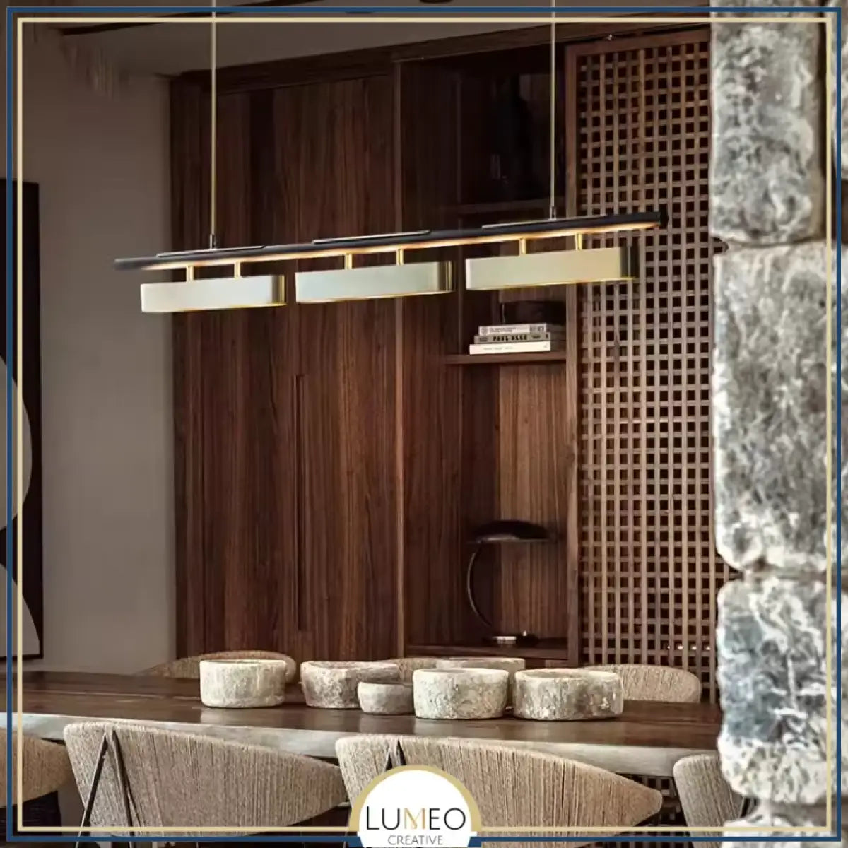 Lustre suspendu au design rectangulaire dorée | Luminaire suspendu moderne et épuré