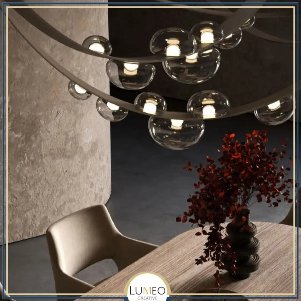 Lustre suspendu design à sangles de cuir et globes en verre