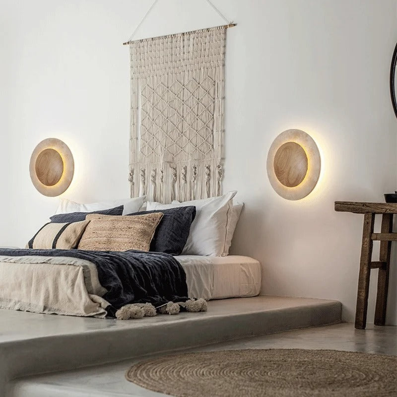 Applique murale cercle bois & pierre rétroéclairée | Luminaire mural au design naturel